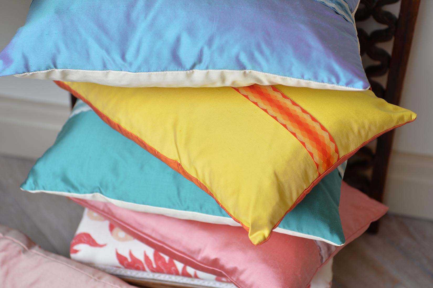 "Arlequin" Marigold yellow silk cushion - MyBilletDoux.com