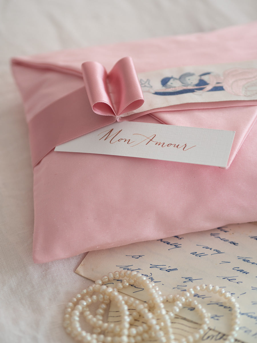 "Les Amoureux" pink silk envelope cushion
