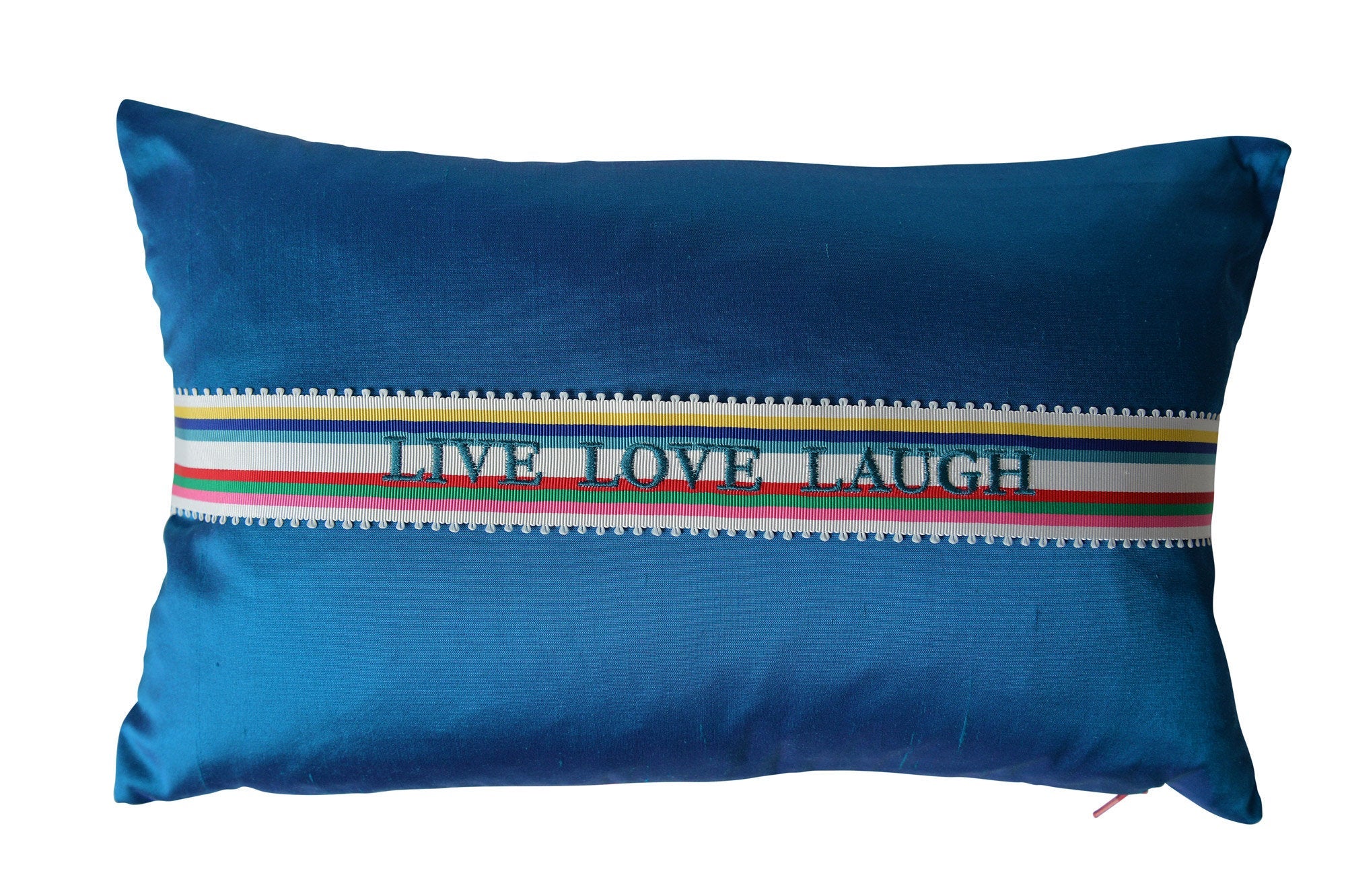 "Live Love Laugh" Turquoise silk cushion - MyBilletDoux.com
