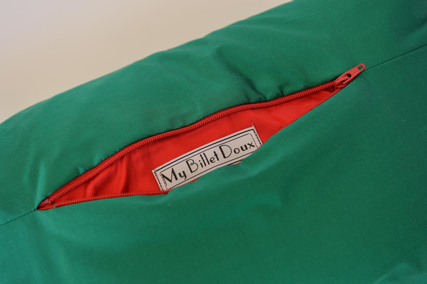 "Raisins" Bond green silk cushion - MyBilletDoux.com