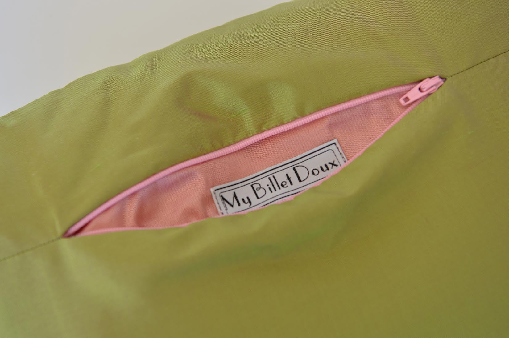 "Rose" Cactus green silk cushion - MyBilletDoux.com