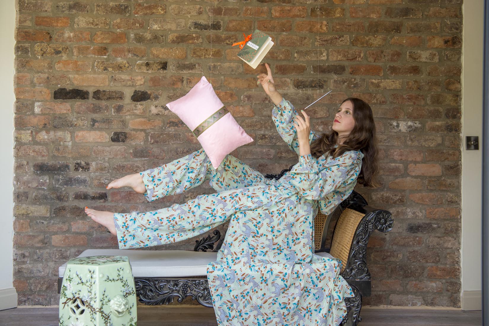 "Deco"pink and fern green silk envelope cushion