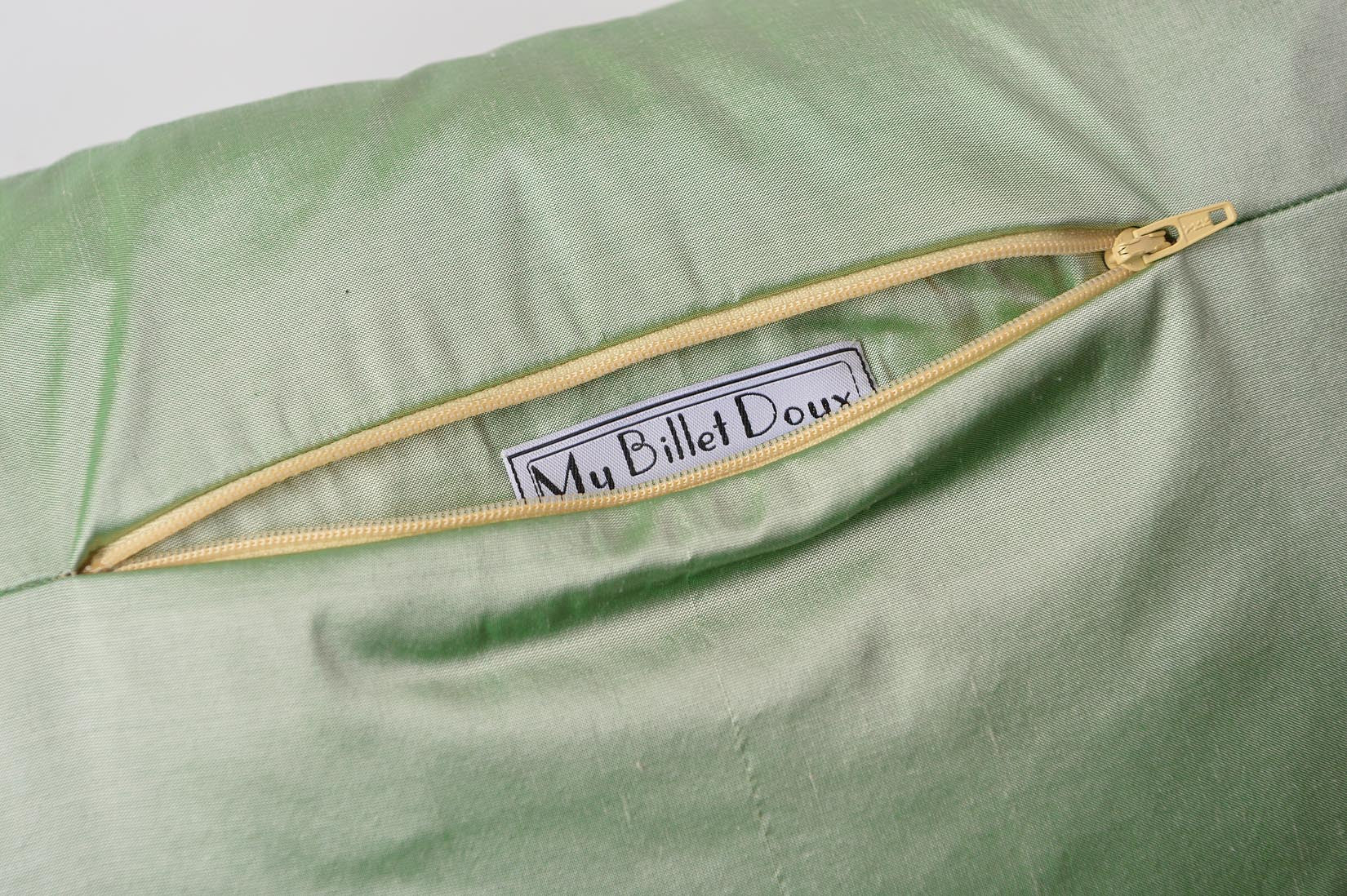 "Fragment" Willow green silk cushion - MyBilletDoux.com