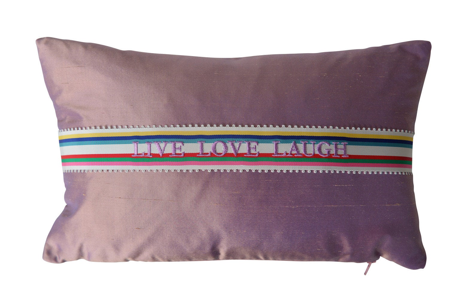 "Live Love Laugh" Mauve silk cushion - MyBilletDoux.com