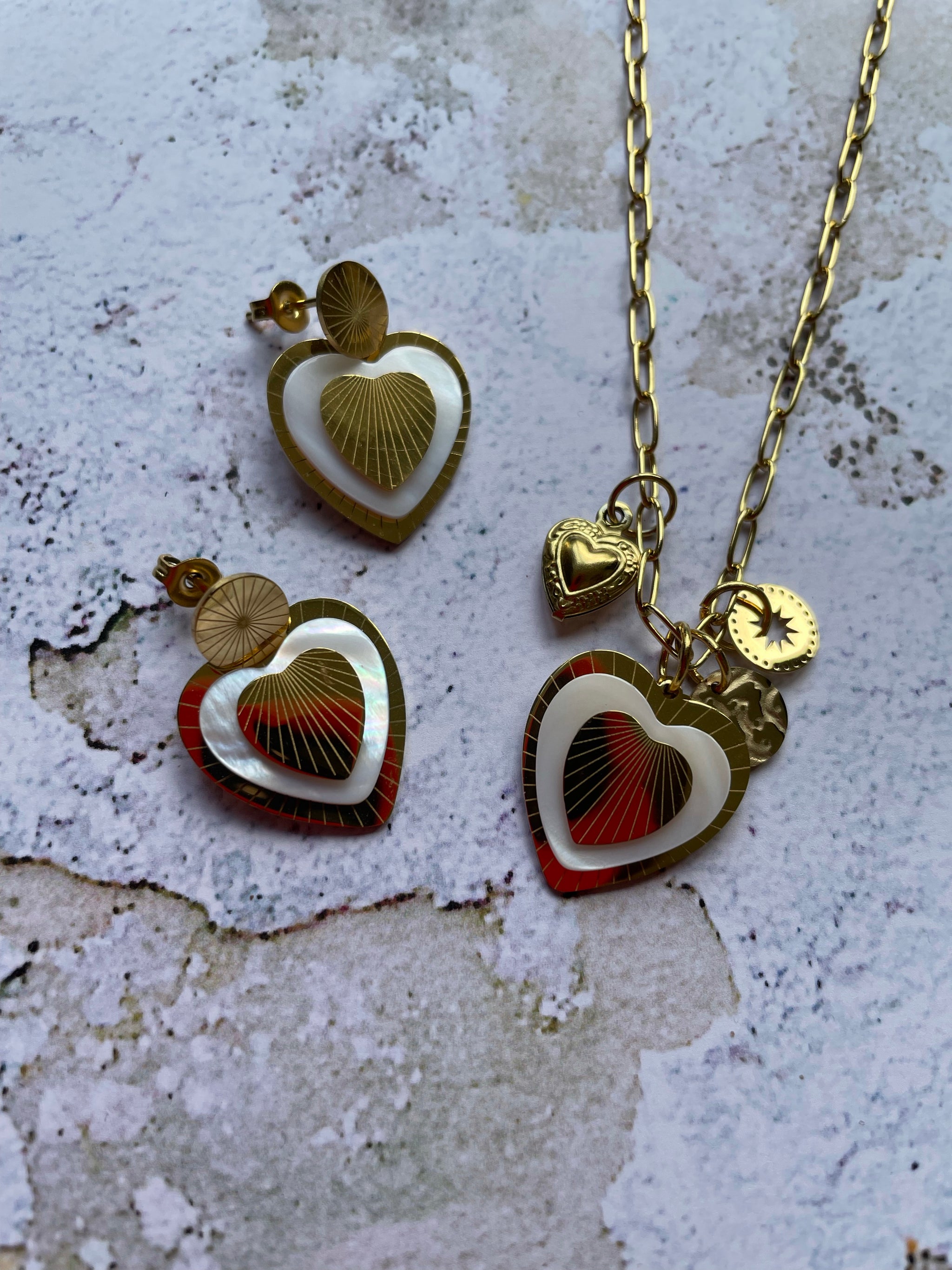 Mother of pearl heart earrings and necklace