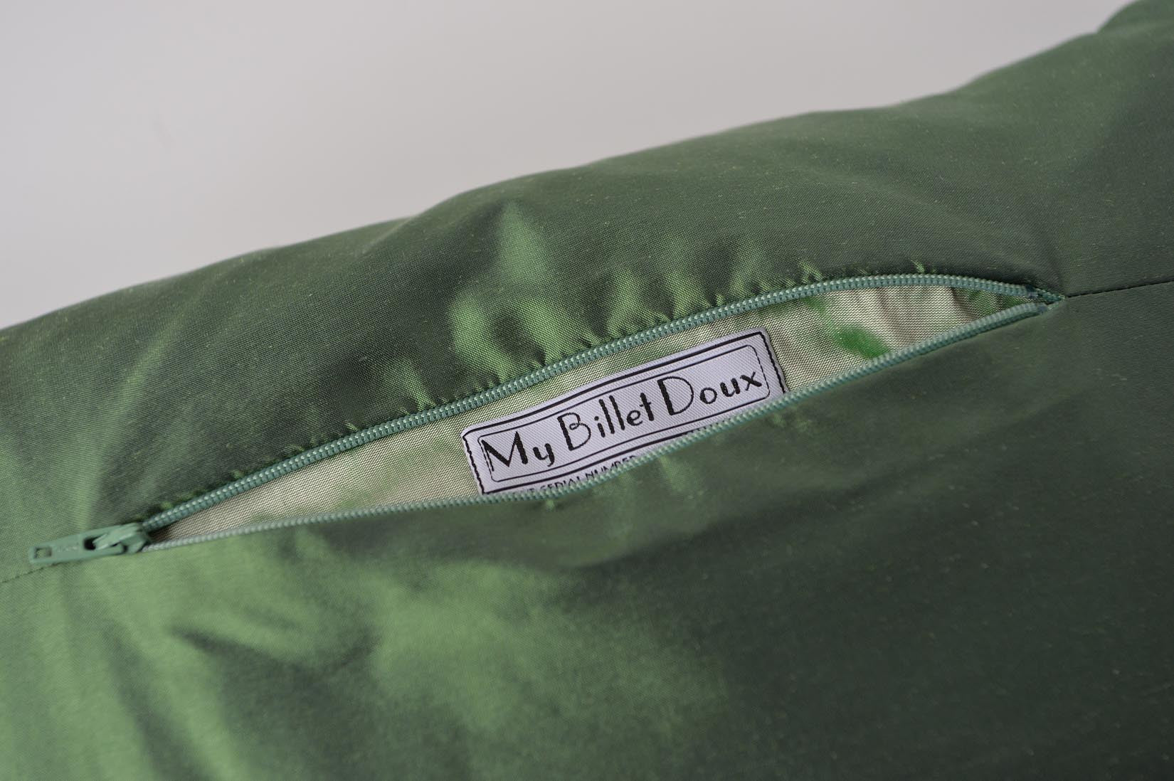 "Arlequin" Fern green silk cushion - MyBilletDoux.com