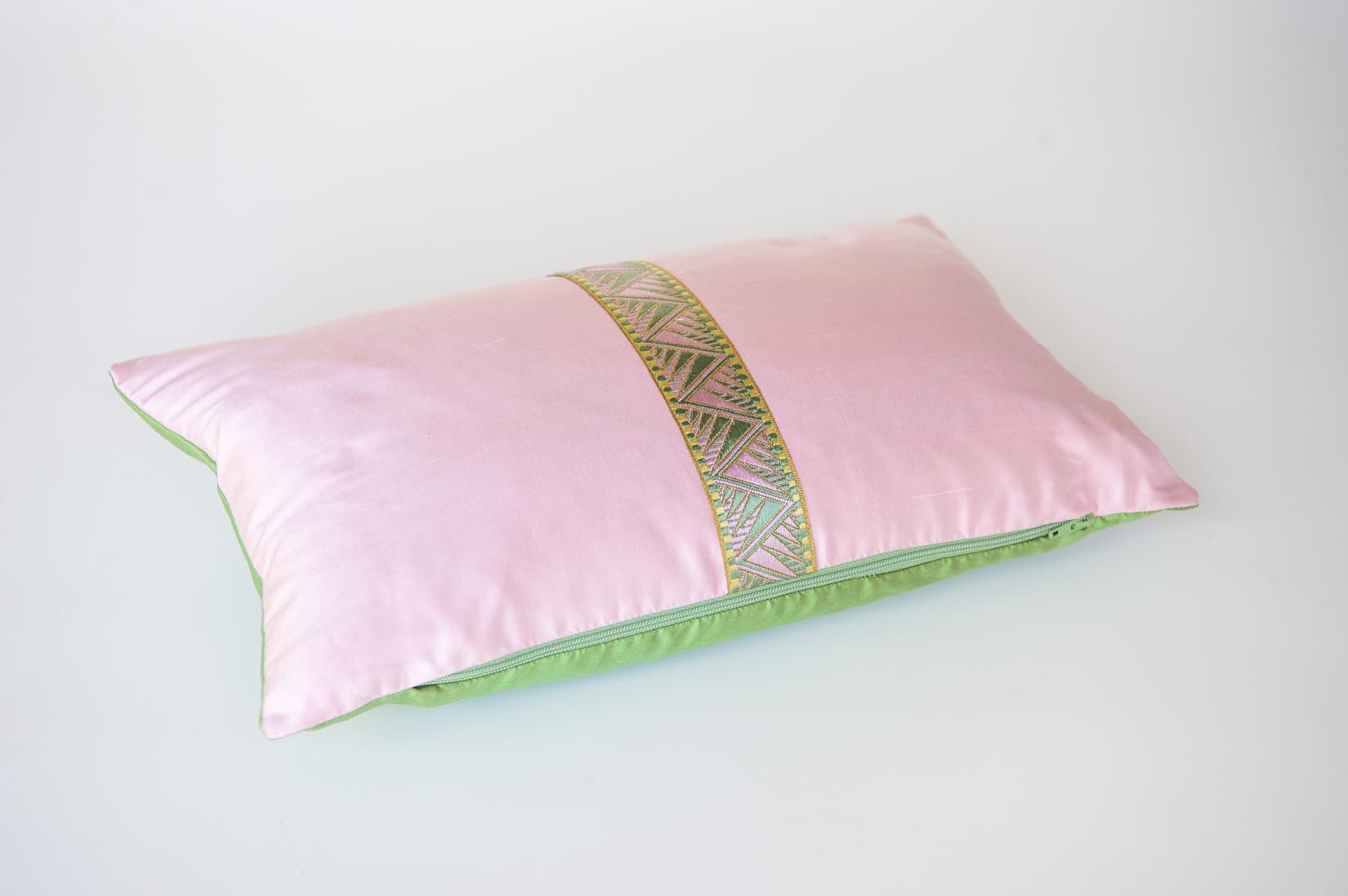 "Deco"pink and fern green silk envelope cushion
