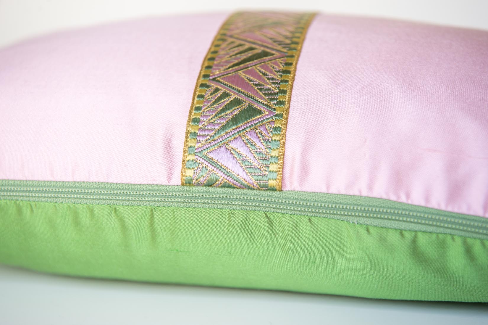 "Deco"pink and fern green silk envelope cushion